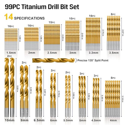 Metric 99 Pieces Titanium Twist Drill Bit Set, 135° Tip High Speed Steel, Size from 1.5mm up to 10mm, Ideal Drilling in Wood/Cast Iron/Aluminum Alloy/Plastic/Fiberglass, with Hard Storage - size: Metric 99 Pieces Drill Bit Set 135°
