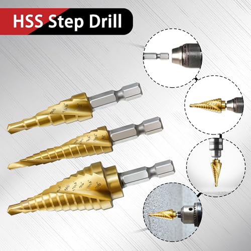 3Pcs 1/4" Hex Shank HSS Step Drill Bit Set - size: 3pcs