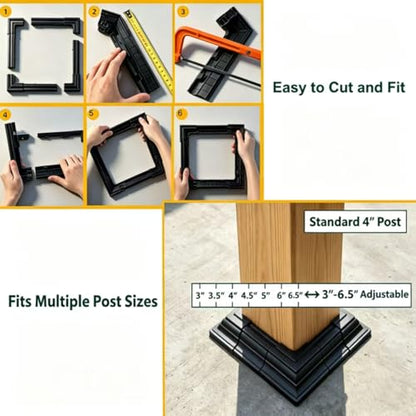 6 x 6 Inches ABS Post Sleeve, Adjustable Skirt, Black, 4 Pack - color: 4Pack-Black