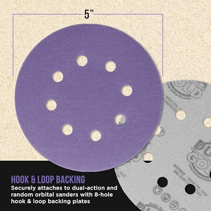Dura-Gold 120 Grit 5" Purple Film Ceramic Sanding Discs, Box of 50, 8-Hole - style: 120 Grit