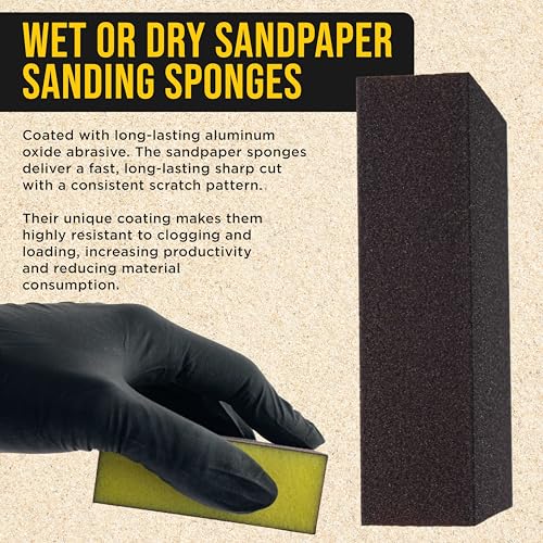 Dura-Gold 4-Sided Hand Sanding Block Sponge Variety Pack, Box of 18, Grits 36, 60, 80, 100, 120, 150, 180, 220, 320-3.9" x 2.75" x 1" Wet or Dry Flexible Sandpaper Pads Sand Wood Drywall Metal Paint - style: 18 Variety Pack