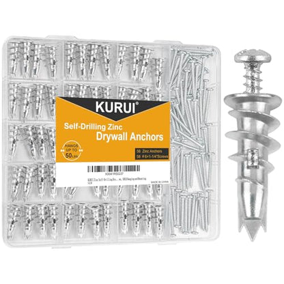 KURUI Metal Self Drilling Drywall Anchors, Shatter-Resistant Wall Anchors