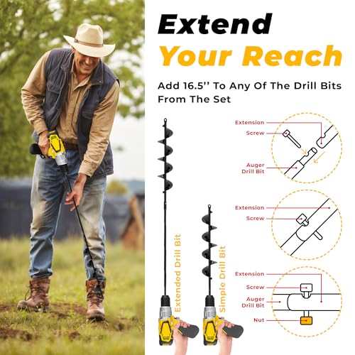 Auger Drill Bit for Planting 2x32'' - with Extension -3/8'' Hex Drive Drill - size: 2" x 32" With Extension