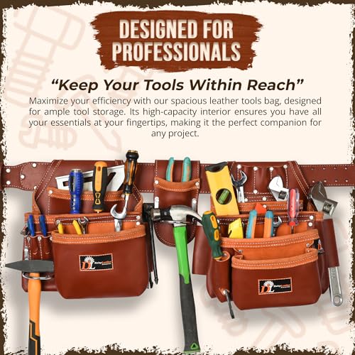 Daisy Leather Tool Belt Pro-202, 28 Pockets, Top Grain Leather, 2.5-inch Padded Belt, Fits 30-52 inch Waist, X-Large (Cherry, X-Large) - color: Cherry
