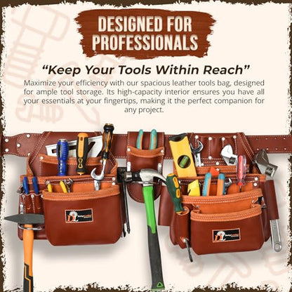 Daisy Leather Tool Belt Pro-202, 28 Pockets, Top Grain Leather, 2.5-inch Padded Belt, Fits 30-52 inch Waist, X-Large (Cherry, X-Large) - color: Cherry