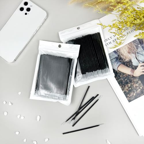 200PCS Disposable Micro Applicator Brushes – Mini Precision Swabs for Eyelash Extensions, Glue Removal, Makeup, Nail Art & Cleaning (Black)
