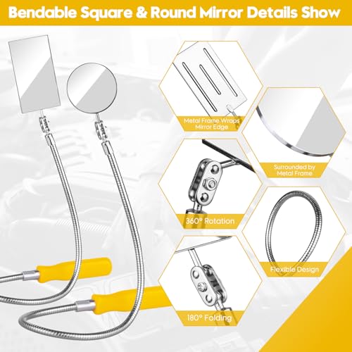 2Pcs Bendable Inspection Mirror – Square & Round Heads for Mechanics,Yellow - color: Yellow