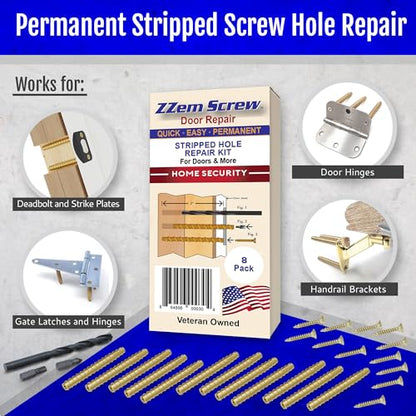 Brass 12-Pack #9 x 3 Permanent Stripped Door Hinge Screw Hole Repair Kit