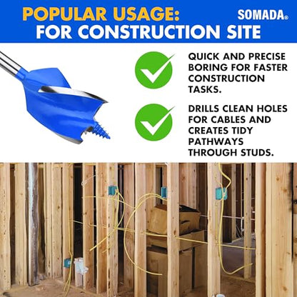 SOMADA 1-1/2" x 6-1/2" Auger Drill Bit for Wood, Ship Auger Hex Shank - size: 1-1/2"x6-1/2" Blue