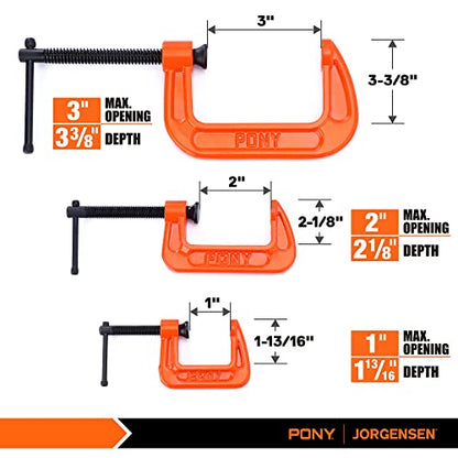 PONY Malleable Iron C-Clamp Set, 3-Piece, (1", 2", 3") - size: 1"+2"+3"