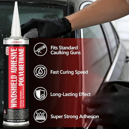 [2 Pack] Polyurethane Windshield Adhesive, Windshield Sealant Black - High Bond Strength, Quick Curing & Weather Resistant Automotive Glass Glue for Vertical & Overhead Application, 310ml - size: 2P