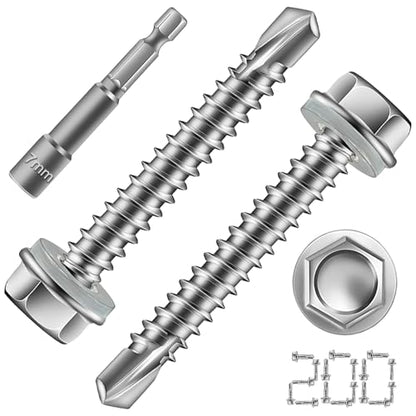 #8 x 1-1/4"Self Tapping Screws,410 Stainless Steel Hex Washer Head (200pcs) - size: #8x1-1/4''-200Pcs