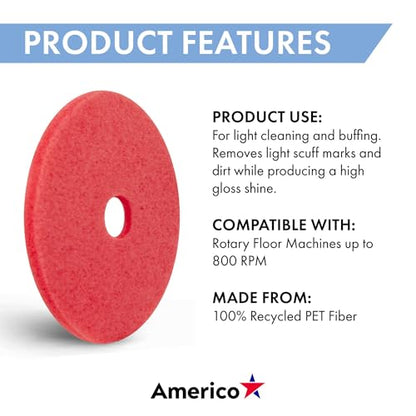 Americo Glit/Microtron 404420 Daily Cleaning and Buffing Pad, 20", Red (Pack of 5)