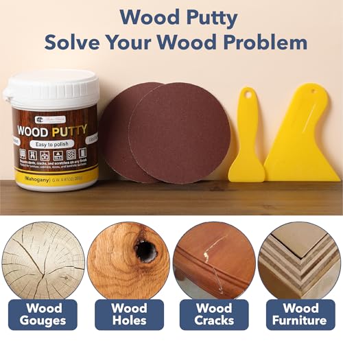 Bates- Wood Filler Putty Repair Kit, 9.87 Ounce, 2 Scrapers, 2 Sandpapers, Mahogany Wood Putty Filler Paintable & Stainable for Cracks, Holes and Defects in Wooden Furniture - color: Pink