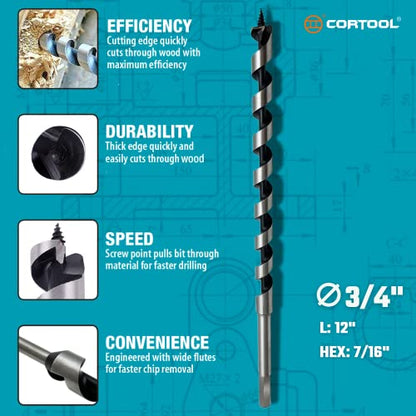 3/4 x 12 Inch Auger Drill Bit for Wood, Soft and Hard Wood Plastic with 3/8 Inch Hex Shank - style: 3/4" X 12"