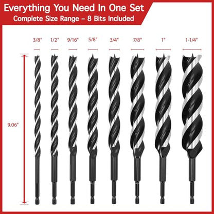 8PCS 9" Wood Auger Drill Bit Set (3/8" to 1-1/4") with Wood Case - size: 3/8"-1-1/4" x 9", 8 Pcs