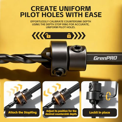 GRENPRO Countersink Drill Bit Set, 15PCS Tapered Bits with 2 Plug Cutters