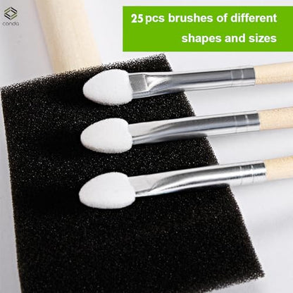 conda 25 Pack Different Size Assorted Foam Brush Set Wood Handle Paint Brush Set - size: 0.25"-2"/ 25 Pack