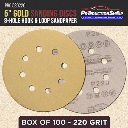 ProductionShop Premium 220 Grit 5" Gold Sanding Discs, 8-Hole Pattern, Box of 100 - Dustless Hook & Loop Backing Sandpaper for DA & Random Orbital Sanders, Sand Auto Paint, Wood Woodworking Furniture - style: 220 Grit