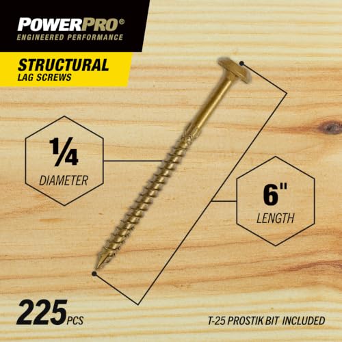 Power Pro Structural Lag Screws, 1/4in x 6in, 225 Pieces, Bronze - color: Bronze, size: 1/4 inch x 6 inch, style: 225pc