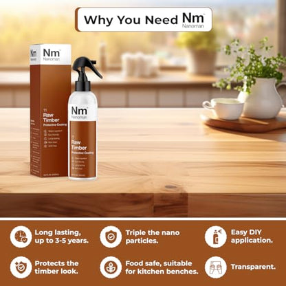 Nanoman Timber & Wood Water Repellent Sealer, 250mL – Invisible Waterproofing & Stain Protection for Raw Wood, Furniture, Benchtops, Vanities, Indoor & Outdoor