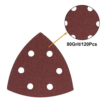 120 Pcs Triangle Sanding Pads, 80 Grits Detail Sander Sandpaper Hook and Loop Sanding Sheet,3.54"(90mm) Triangular Sandpaper for 3.5" Oscillating Multi Tool - size: 80 Grit, style: Hole