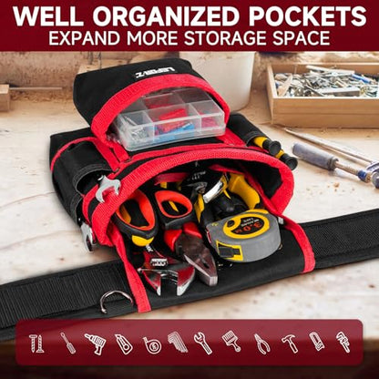Tool Belt with Suspenders,27-Pockets Heavy Duty Tool Belts for Men with Magnetic Tool Pouch,Detachable & Adjustable Work Belt Bag for Electrician,Carpenter,Construction,Utility Toolbelt,Black,Red - color: Black/Red