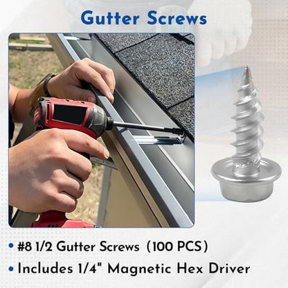 100 Pcs #8-1/2 Self-Tapping Gutter Screws, Stainless Steel Mill Finish Hex Washer Head Screws, Extra Sharp Tip with 1/4" Magnetic Hex Driver for Gutter - size: 8-1/2 (100pcs)