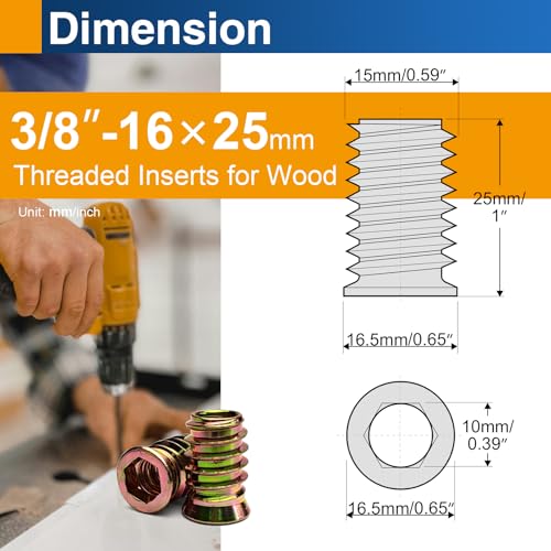 12PCS 3/8"-16 x 25mm Threaded Inserts for Wood, Hex Drive Nuts - size: 3/8"-16 x 25mm