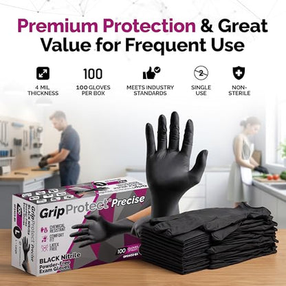 GripProtect Precise Black Nitrile Gloves 4 Mil, Chemical Resistant Gloves - size: Large (100 Count)
