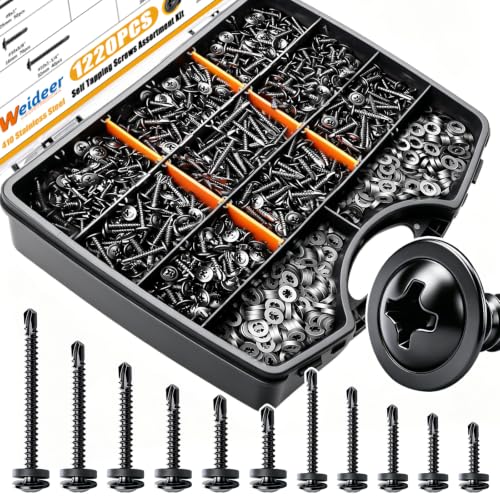 weideer 1220pcs Self Tapping Screws for Metal, 410 Stainless Steel,#8#10 - size: BK 1220PCS #8#10 Kit