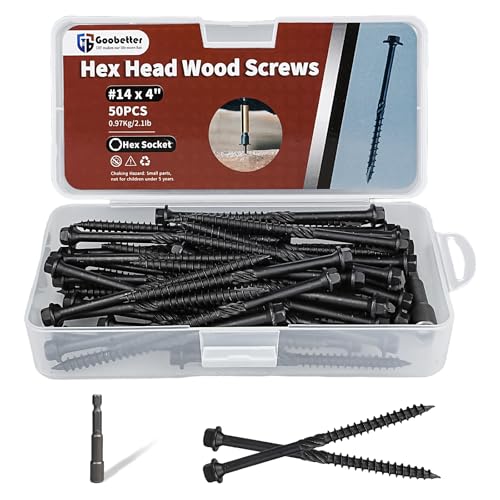 Lag Screws 4 Inch, 50Pcs #14 x 4 Heavy-Duty Structural Wood Screws, Hex Washer Head, Black Rust Resistant Coated, Long Outdoor Deck Screws for Timber Fence Log, Hex Socket Included - size: #14 x 4