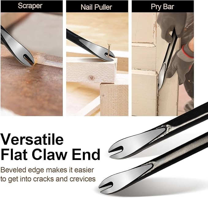 2-Piece Nail Puller Set, 12”Pry Bar, 10” Mini Crowbar, Cats Claw Nail Remover, pry bar set, for Kitchen Remodel, Prying Apart Baseboard, Multi-sided Forged Steel Made carpenter tools (12'')