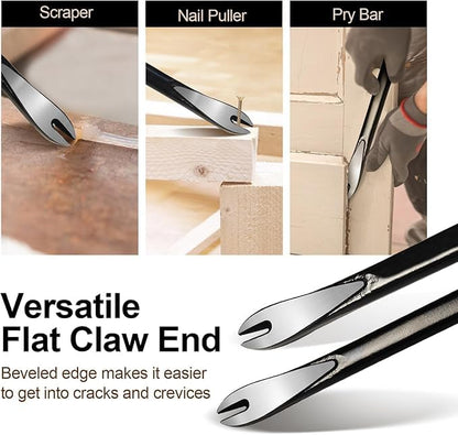 2-Piece Nail Puller Set, 12”Pry Bar, 10” Mini Crowbar, Cats Claw Nail Remover, pry bar set, for Kitchen Remodel, Prying Apart Baseboard, Multi-sided Forged Steel Made carpenter tools (12'')