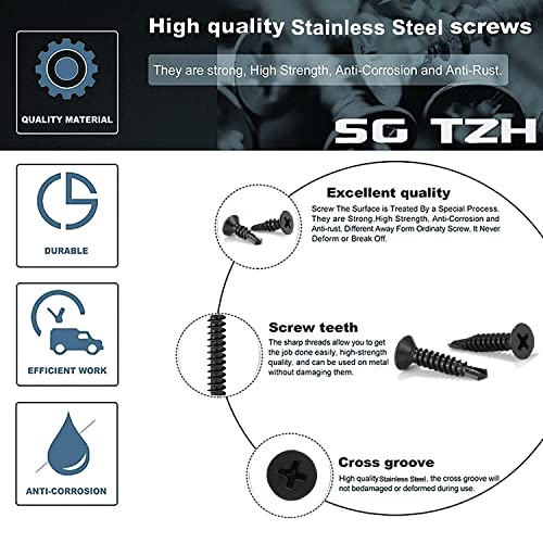 #10 x 1/2" Sheet Metal Screws 100Pcs 410 Stainless Steel Flat Head Fast Self Tapping Screws Black Oxide by SG TZH - size: #10 x 1/2"