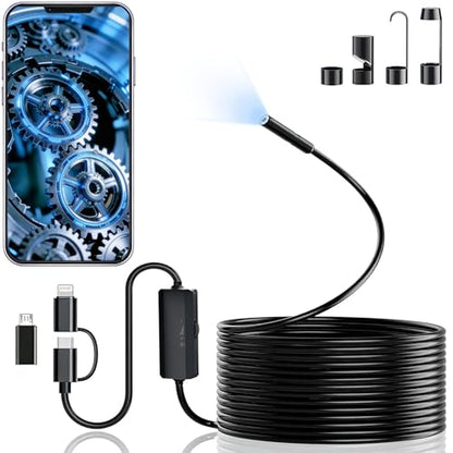 5.5mm Endoscope Camera, 1920P HD Borescope with 8 Adjustable LED Lights, Semi-Rigid Snake Cable, IP67 Waterproof, 16.4ft Single Lens for iOS & Android