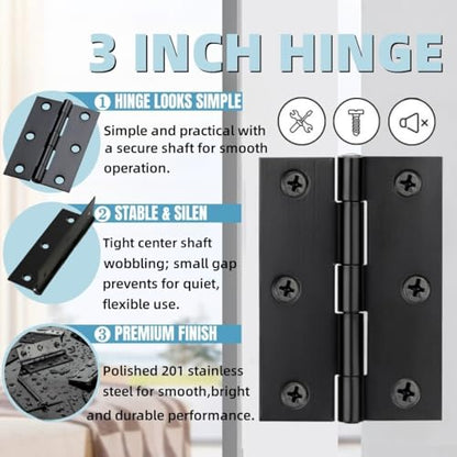 12 PCS 3 inches High-end Stainless Steel Mini Small Hinges with 72 Screws, Black - color: Black, size: 3IN-12PCS