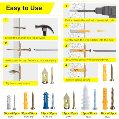 320PCS Drywall Anchors and Screws Kit, 6 Sizes Plastic Wall Anchors