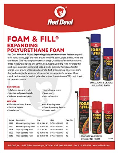 Red Devil 0920 Spray Foam & Fill Small Gaps & Cracks Expanding Insulation, Polyurethane Sealant, 20 oz, Off-White, Pack of 1 - size: 20 oz, style: Pack of 1