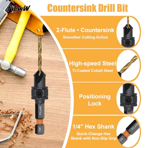 Countersink Drill Bit Set, 12 PCS Adjustable Counter Sink Drill Bit, #4, #6, #8, #10, #12, Magnetic Extension bit Holder for Wood
