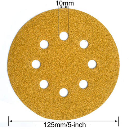 5-Inch 8-Hole Hook and Loop Sanding Discs 60-400 Mixed Grit, 50-Pack