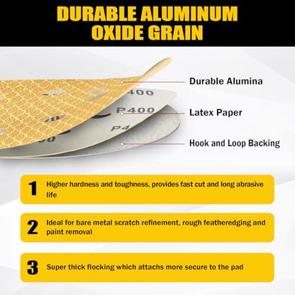 130Pcs 5 Inch 8-Hole Hook&Loop Sanding Discs, 600 Grit Diamond Yellow Sand, Dust-Free/Wear-Resistant, Latex Paper Base (No Fray), 135G Backing for Wood/Metal/Auto, DIY & Pros - style: 5inch-8Hole