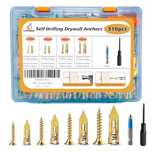 310pcs Self Drilling Drywall Anchors with Screws Kit- Heavy Duty Metal Expansion Bolts, 4 Sizes Sheetrock Anchors & Zinc Plated Steel Expansion Screws,No Drill Needed for TV Shelf Decor Frame Install