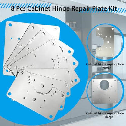 8Pcs Cabinet Hinge Repair Plate Kit, Hinge Fixing Brackets with Screws