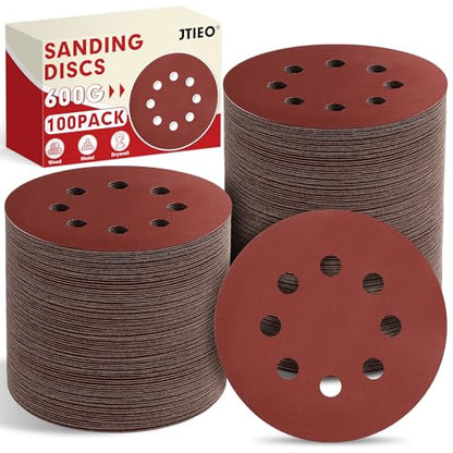 JTIEO 100PCS Sanding Discs 5 Inch, 600 Grit Orbital Sander Pads, Hook & Loop Sandpaper Pads, 8 Hole Round Sanding Discs for Random Orbital Sanders - style: 600Grit-100pcs
