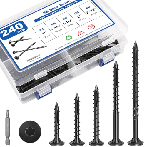 #8 Wood Screws Assortment Kit, 240Pcs 5Sizes Screws Set Assorted Screws - size: #8(5Sizes)—240pcs