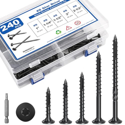 #8 Wood Screws Assortment Kit, 240Pcs 5Sizes Screws Set Assorted Screws - size: #8(5Sizes)—240pcs
