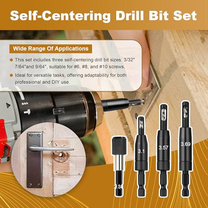 FIVEPEARS Self Centering Drill Bit Set, 3-Piece VIX Bit with 1/4" Hex Shank, 3/32”, 7/64”, 1/8” Center Drill Bit Set for Precise Cabinet, Door, and Hinge Installation