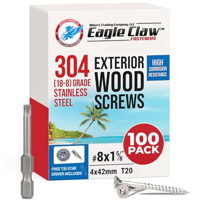 #8 x 1 5/8 Inch Stainless Steel Wood Screws | 304 Grade (100 Pack) | Flat Head T20 Star Torx Drive | Exterior Wood Screws by Eagle Claw Fasteners | Corrosion & Rust Resistant (Includes Driver Bit) - size: #8 x 1 5/8"