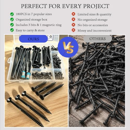 180 Piece Wood Screw Assortment Kit, Star Drive Deck Screws with Exterior Epoxy Coating, Rust Resistant Outdoor Wood Screws, Includes 7 Popular Sizes from #8, #10, #14 and 3 Star Drive Bits.